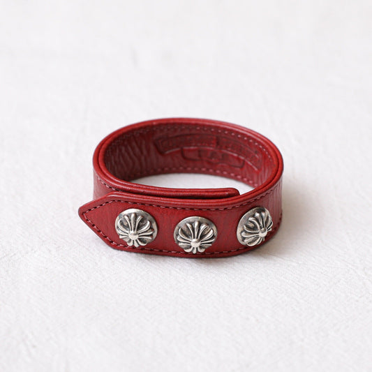 Chrome Hearts 925 Silver Cross Red Leather Bracelet