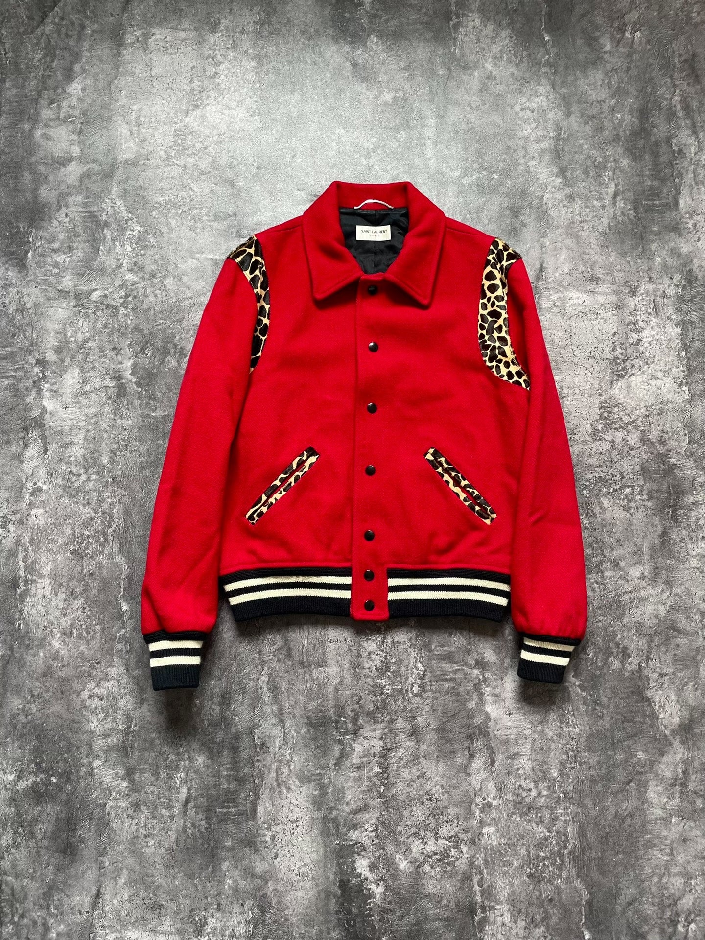 Saint Laurent Red Leopard Varsity Jacket