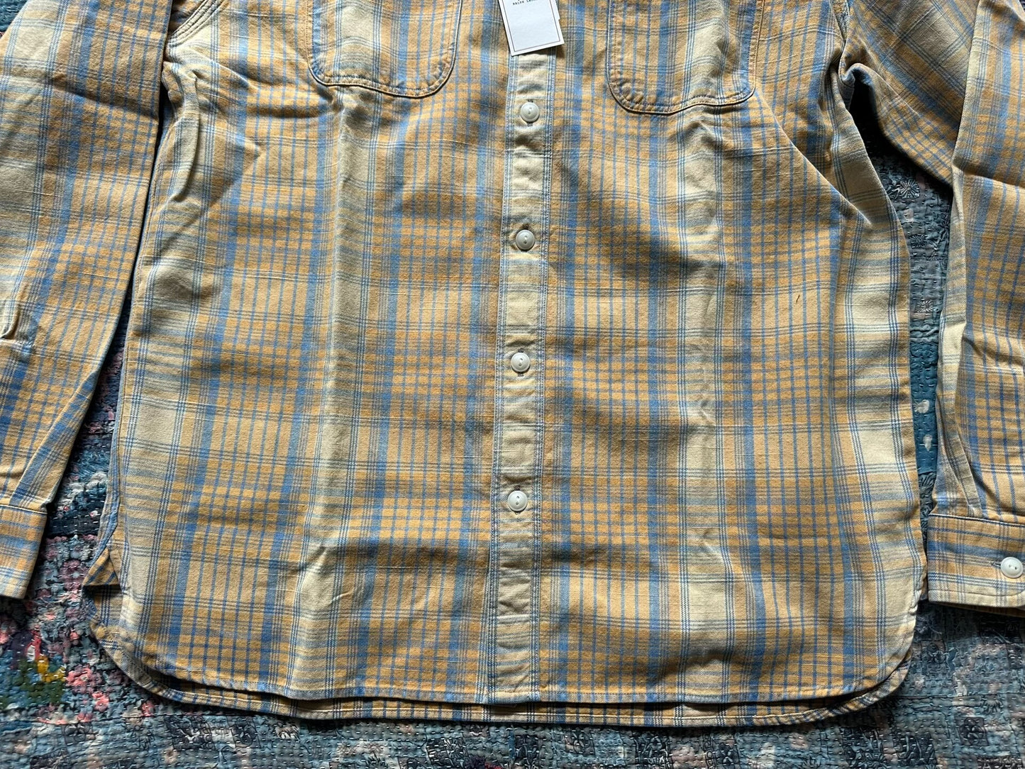 rrl striped work shirt in size large