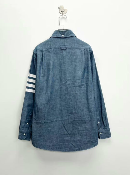 thom browne light blue striped button-up shirt