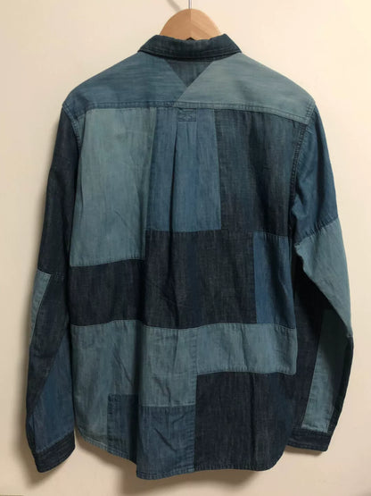 indigo patchwork button-up shirt made in japan