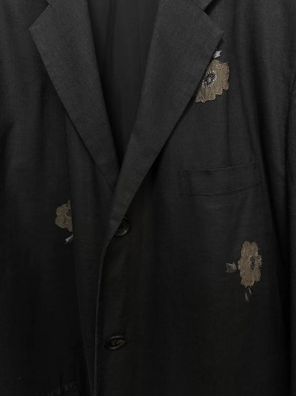 black linen jacket with floral embroidery