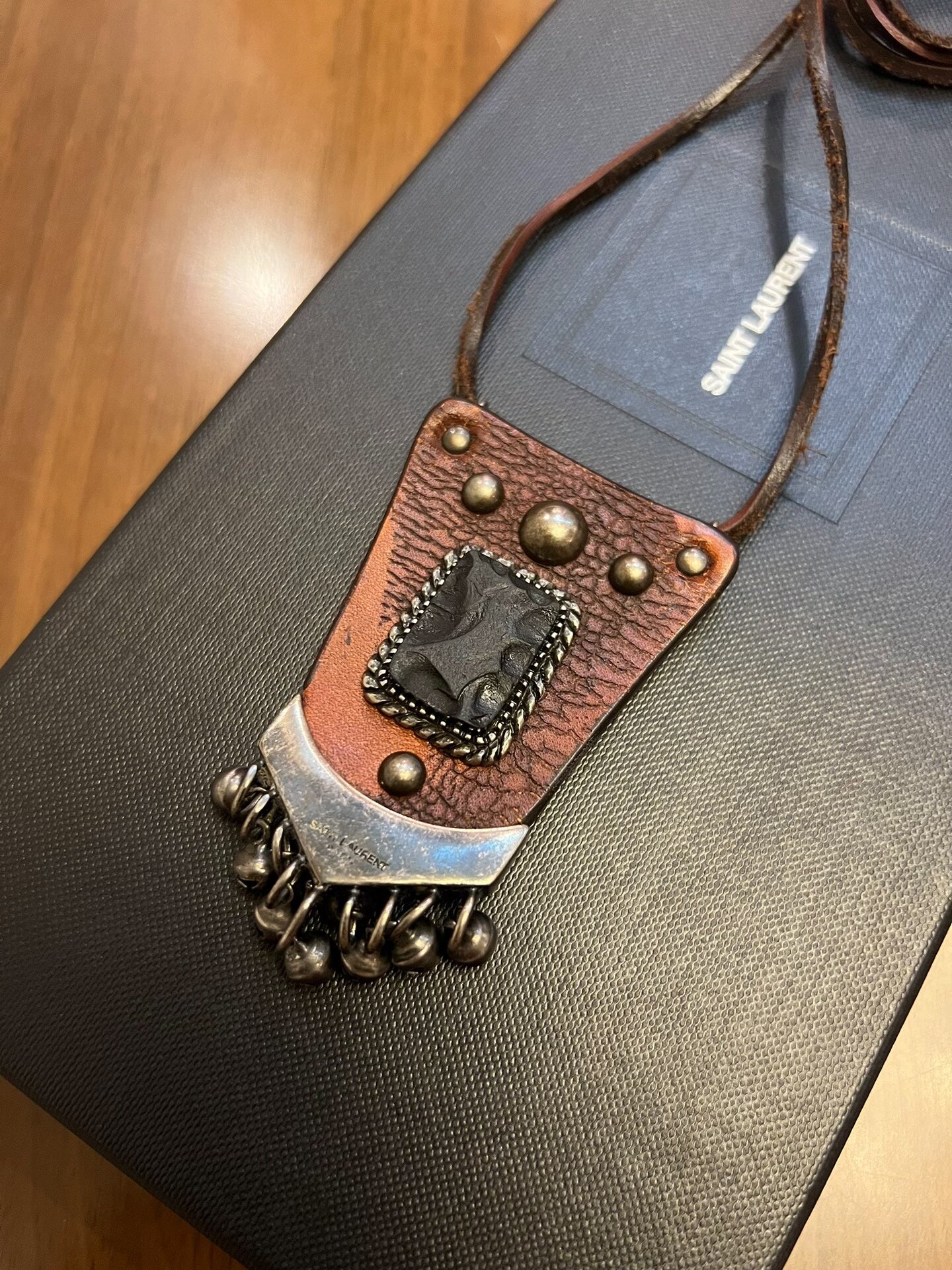 ysl bohemian style leather pendant necklace