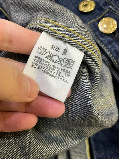 stylish blue denim jacket with gold buttons