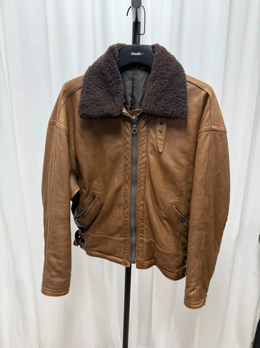 brown leather jacket with removable collar