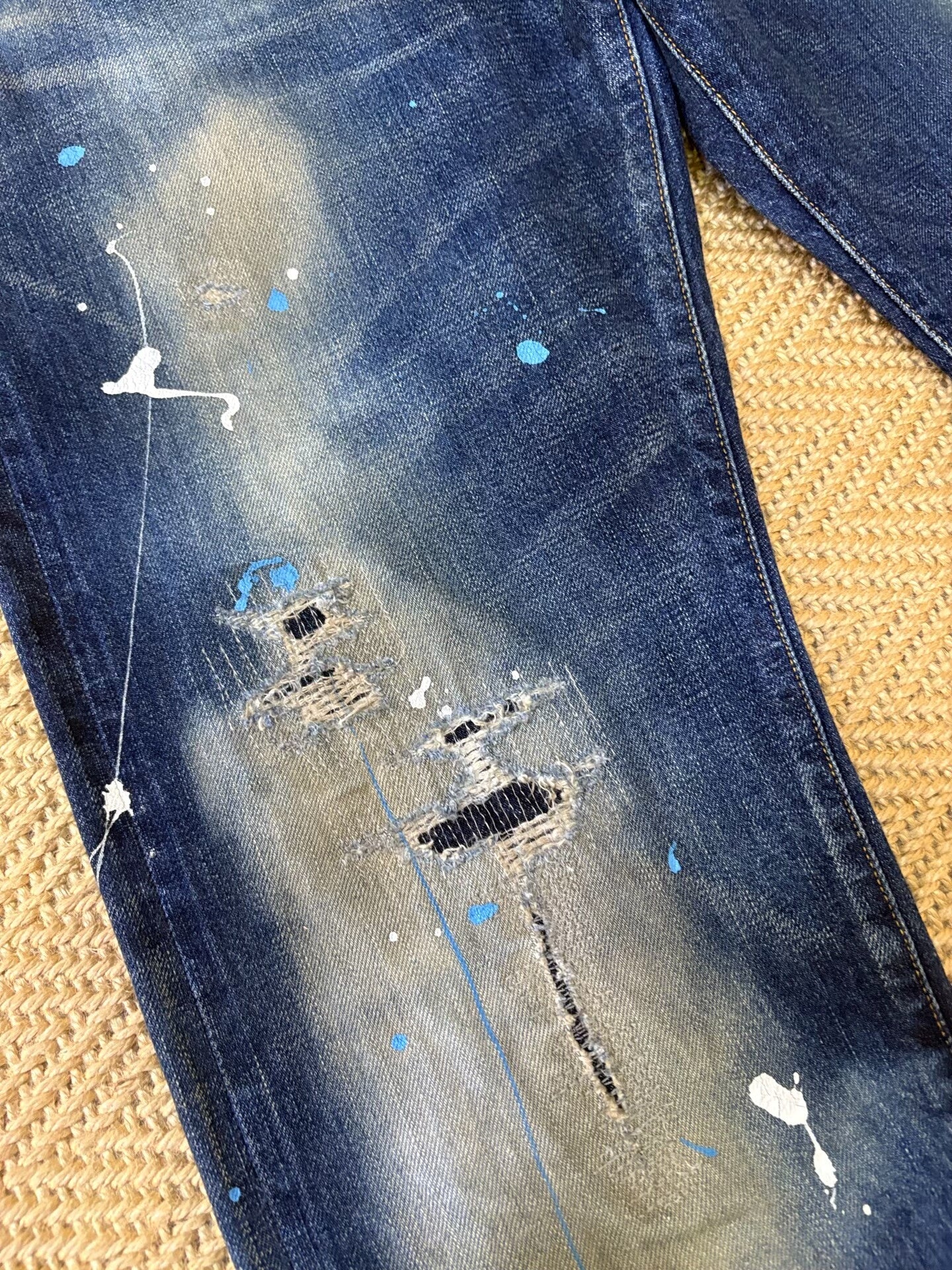 distressed blue starry denim pants