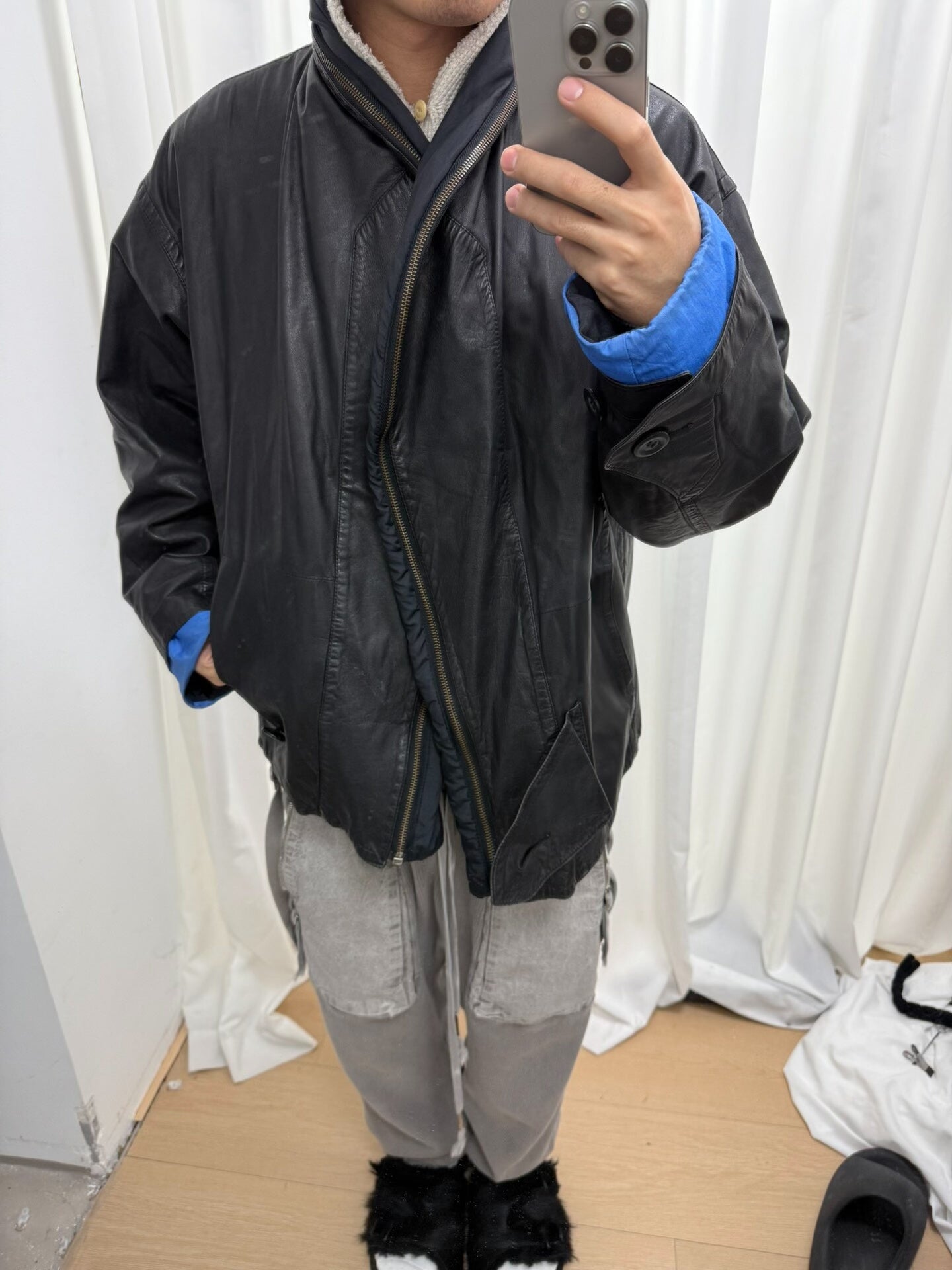 issey miyake black leather zip jacket M size