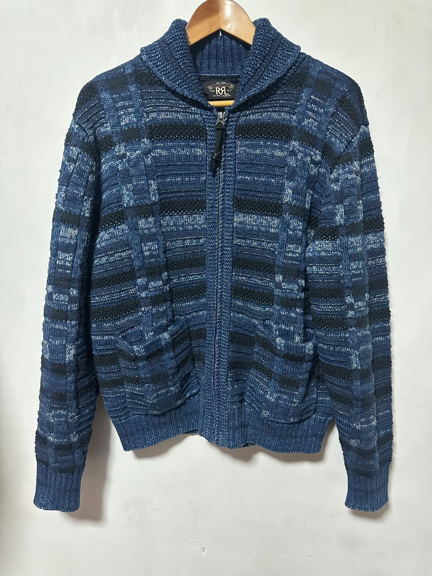 RRL Indigo Dyed Shawl Collar Zip Cardigan