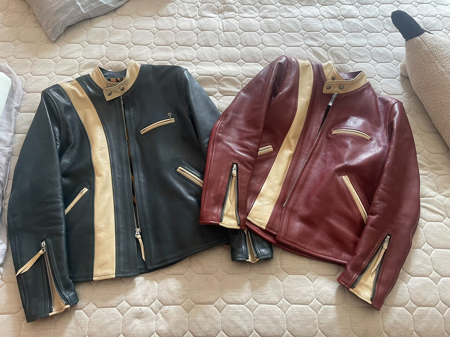 color-blocked leather motorcycle jackets