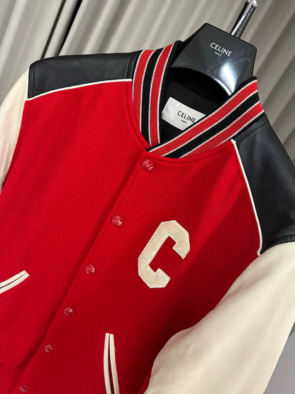 Celine Red Wool Leather Sleeve Bomber Jacket