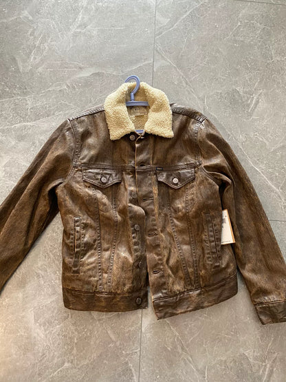 brown leather jacket with fur collar