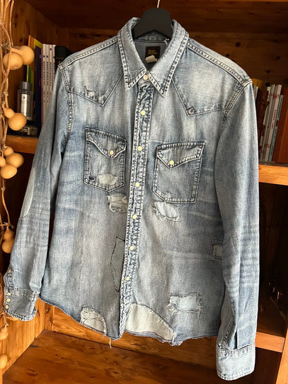 rrl distressed denim long sleeve shirt