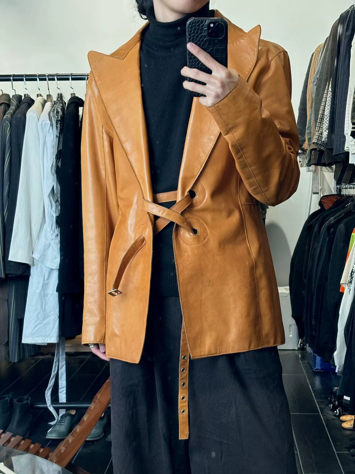 dirk bikkembergs leather jacket with tie straps