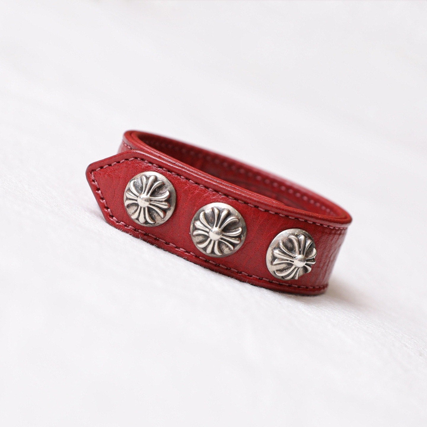 Chrome Hearts 925 Silver Cross Red Leather Bracelet