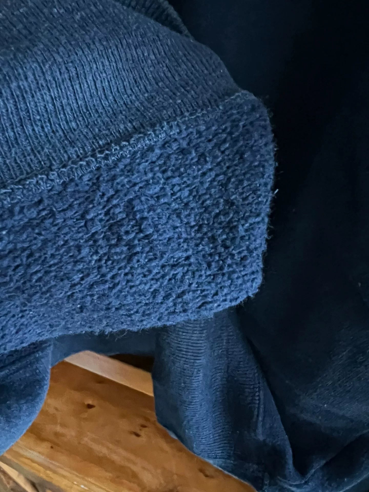 blue denim wash sweatshirt with text