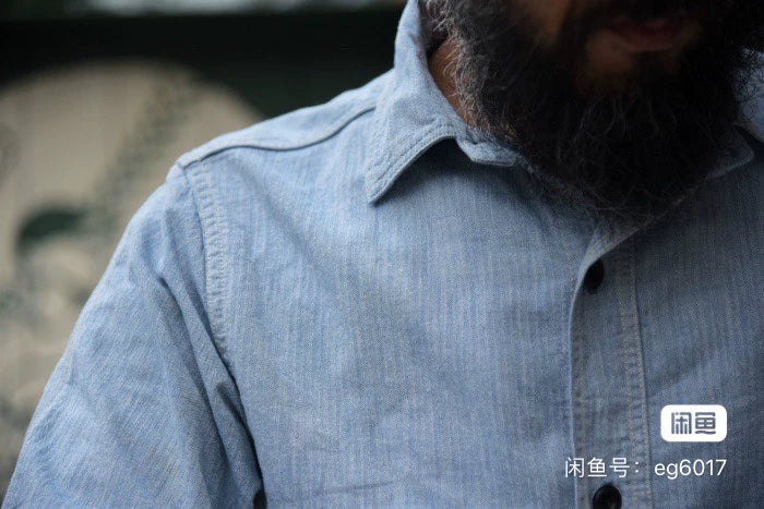 vintage Blue HBT Shirt with Asymmetric Pockets