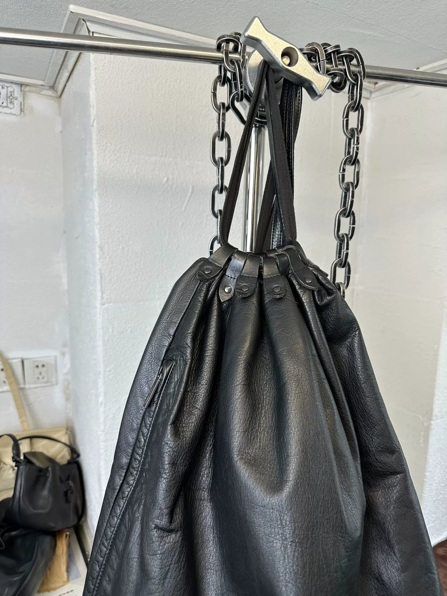 yohji yamamoto leather drawstring bag