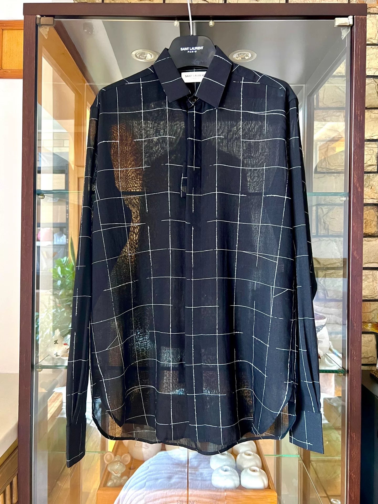 saint laurent black geometric silk shirt