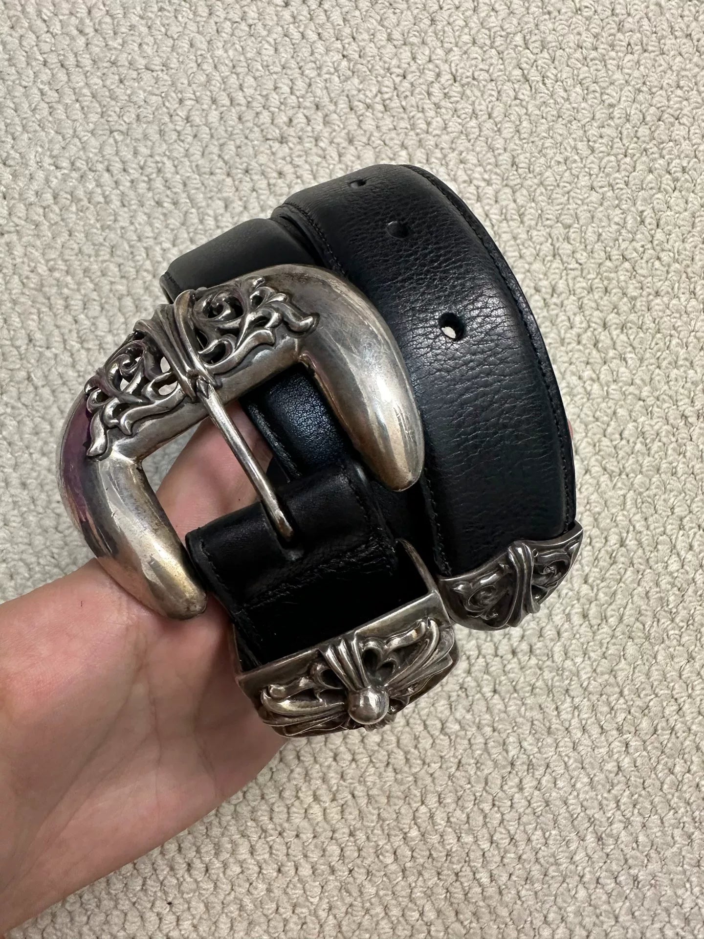 Chrome Hearts 3pc Vine Carving Silver Buckle Belt