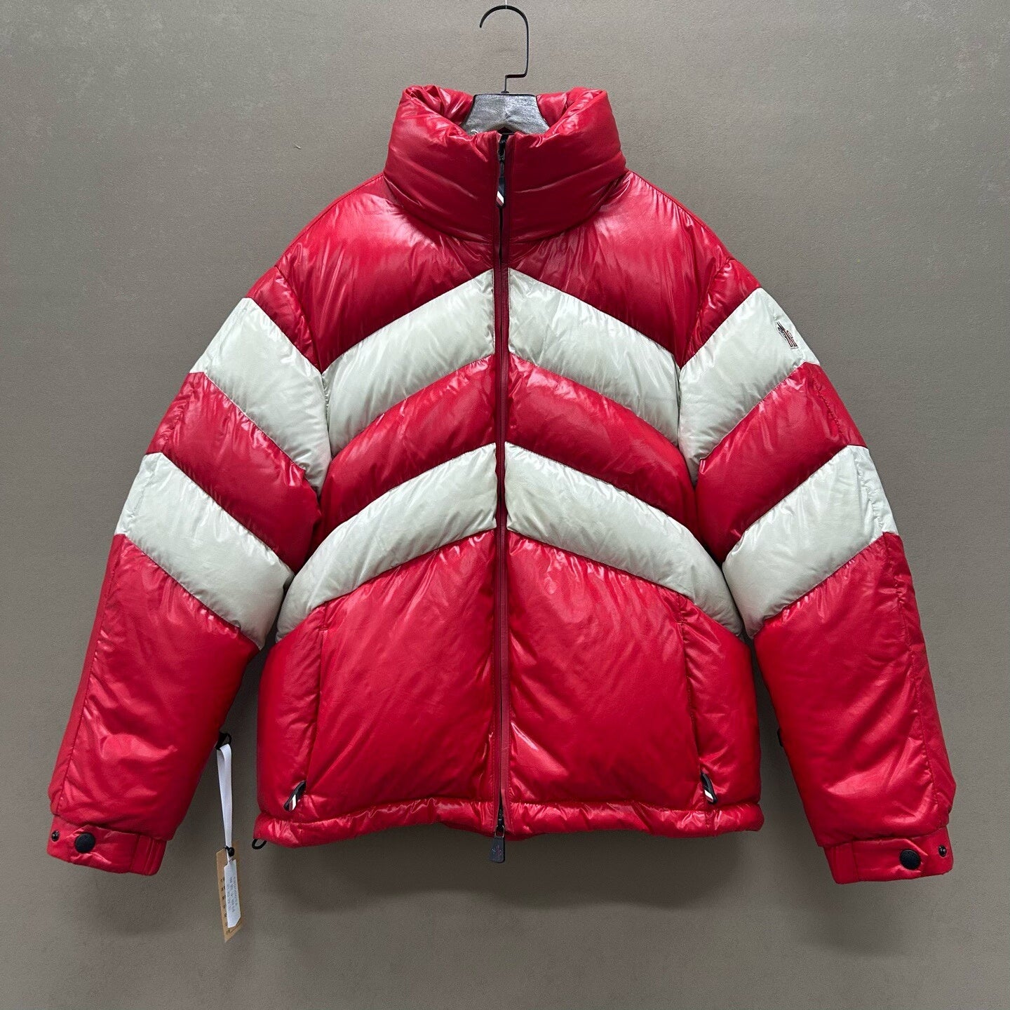 red and white striped down jacket