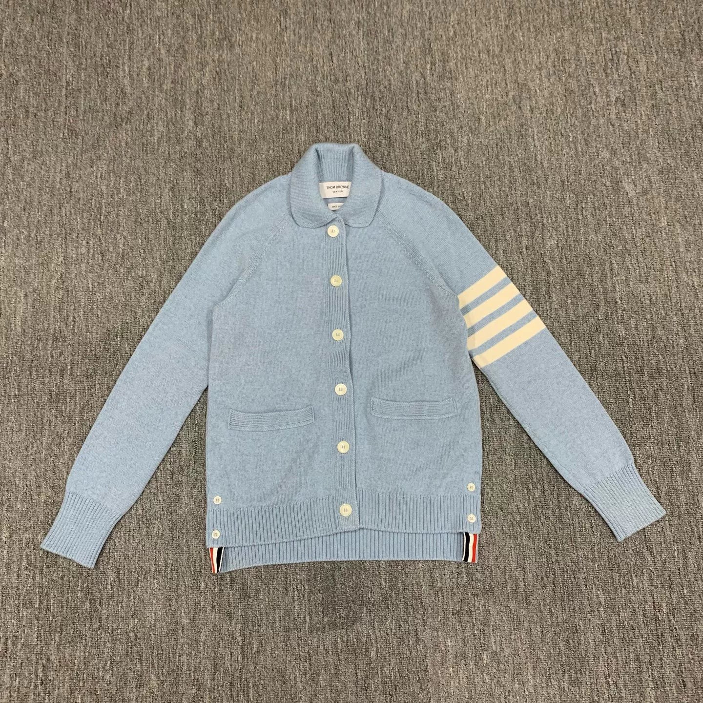thom browne light blue striped wool cardigan