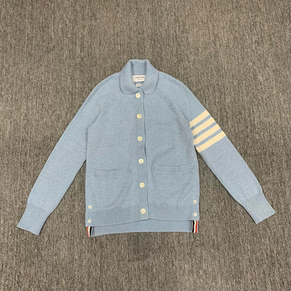 thom browne light blue striped wool cardigan