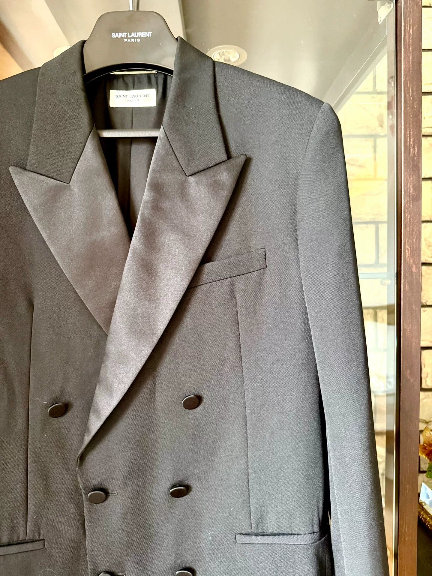 saint laurent black satin double-breasted blazer