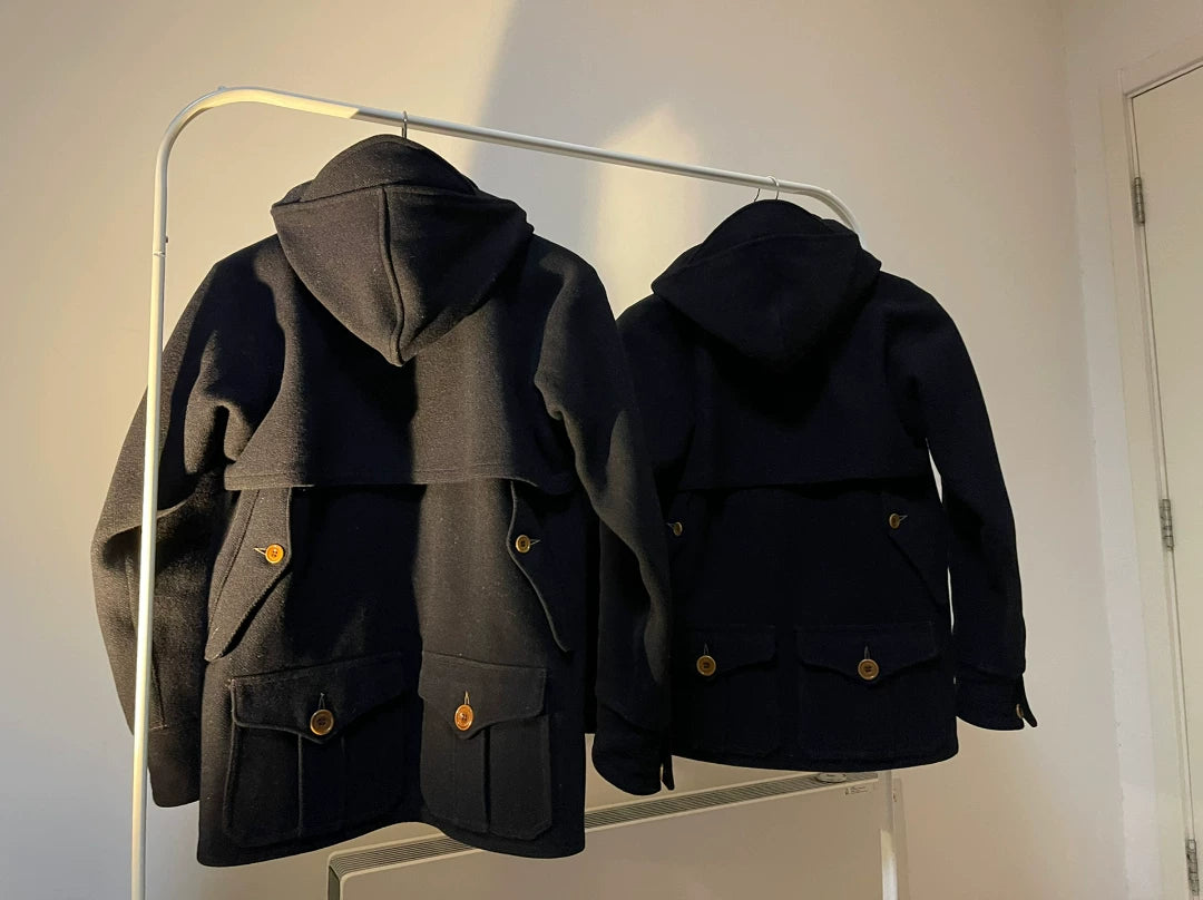 navy wool multi-pocket coat with detachable hood