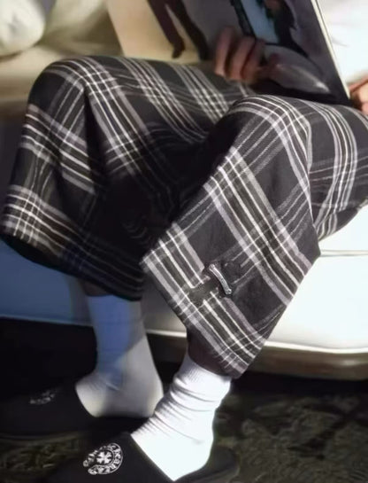 Chrome Hearts Black-Gray Plaid Cropped Wide-Leg Pants