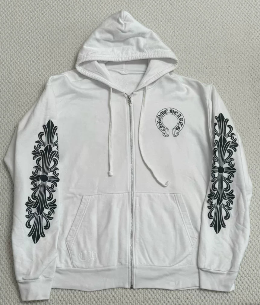 chrome hearts white zip-up hoodie with designs