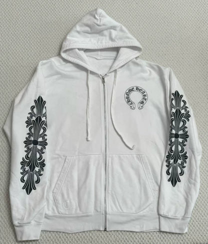 chrome hearts white zip-up hoodie with designs