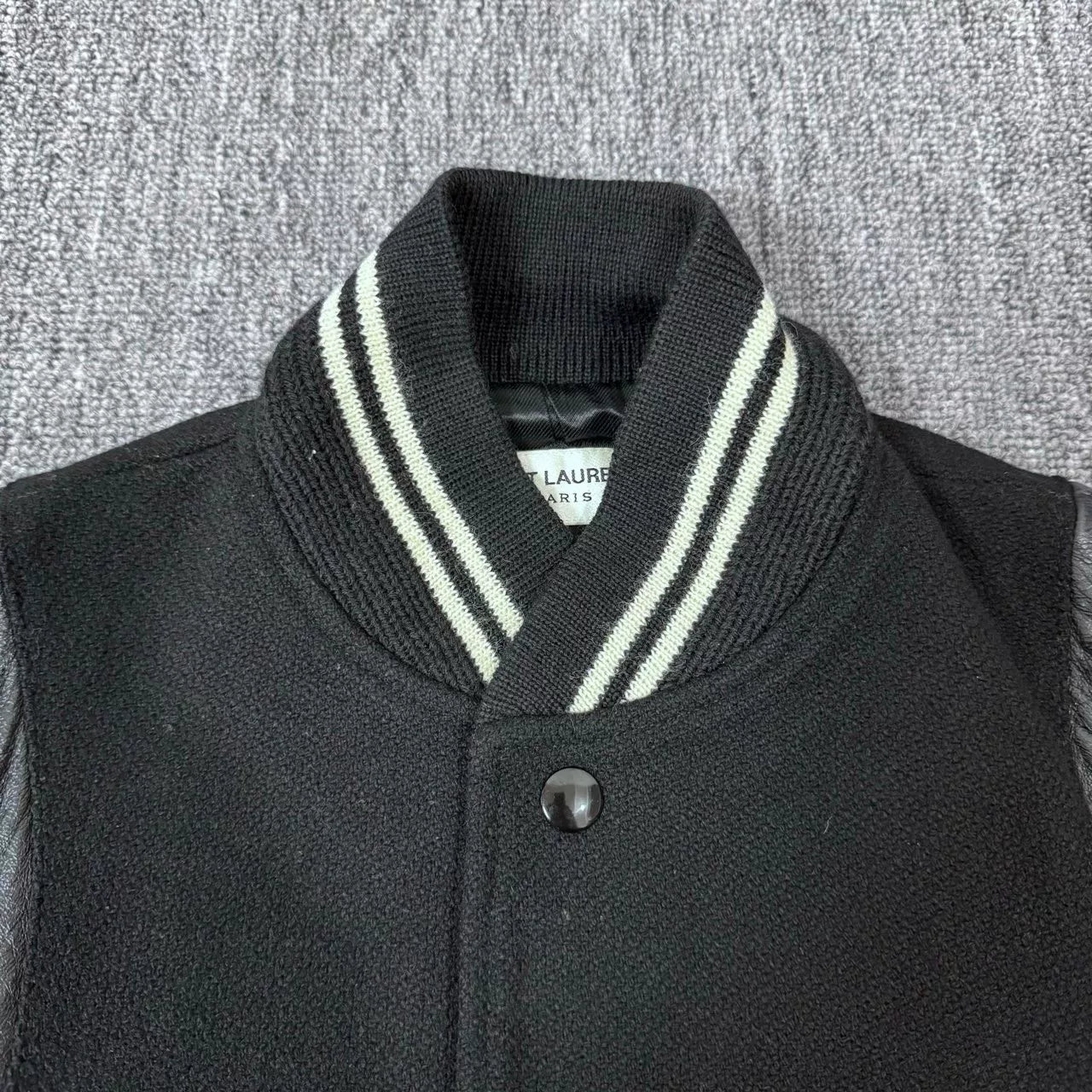 Saint Laurent Black Varsity Leather Sleeves Jacket