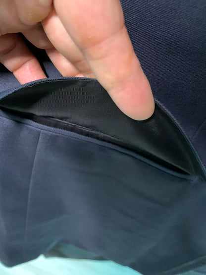 navy wool blazer with leather trim