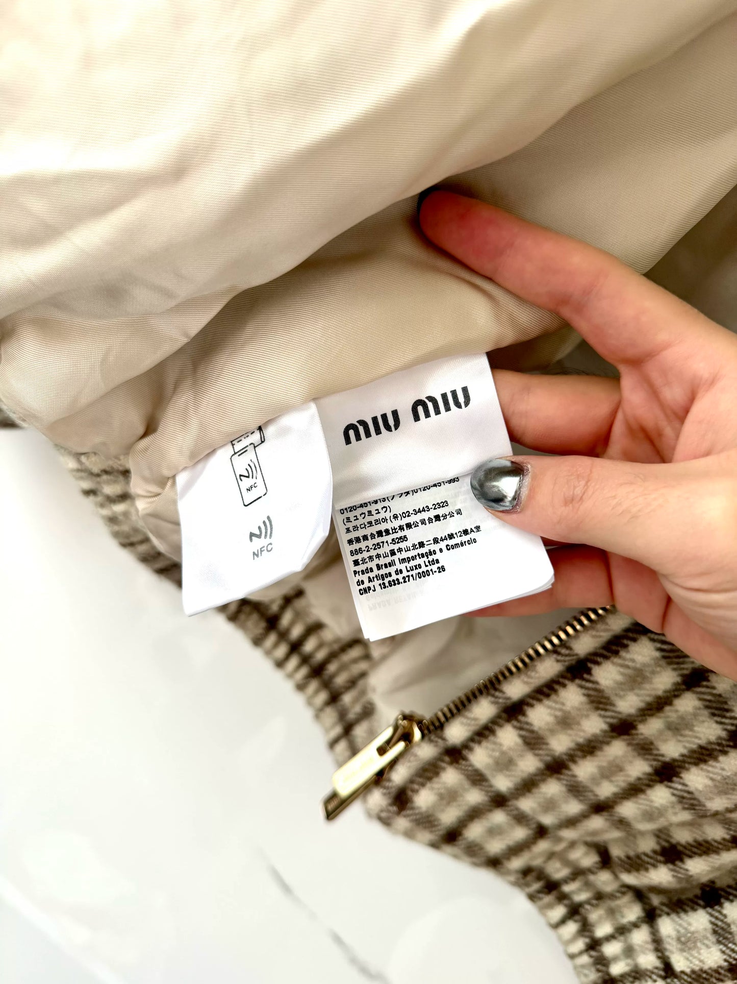 miumiu checked hooded zip-up jacket