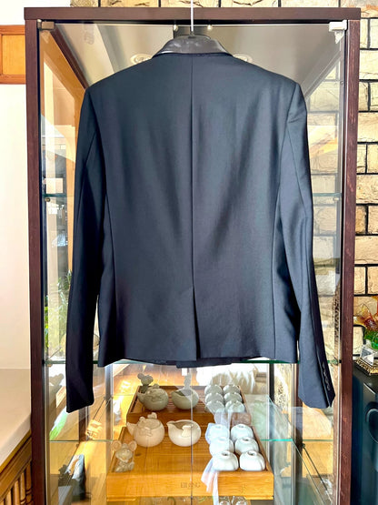 black leather lapel double-breasted blazer