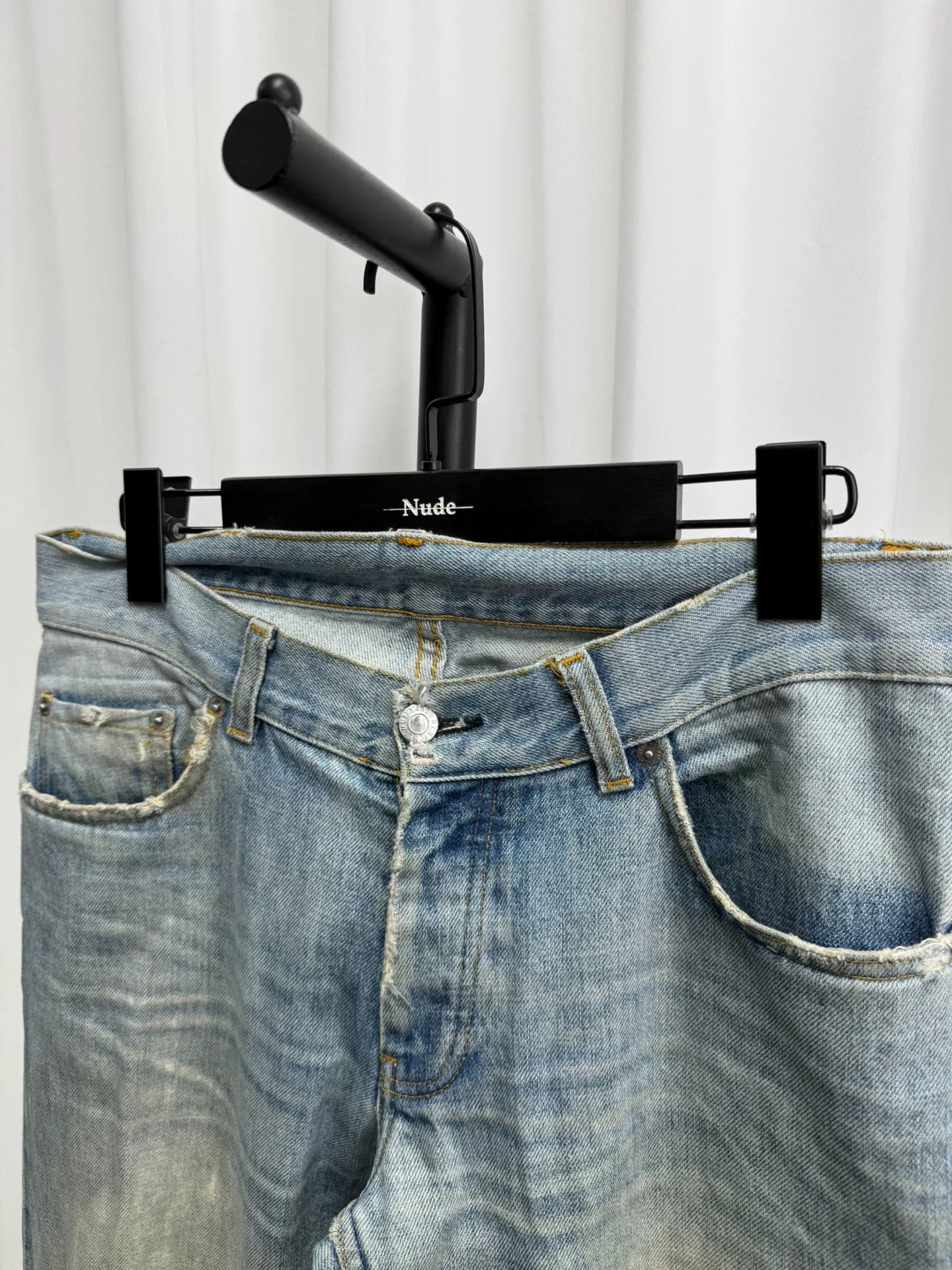 classic washed denim pants with distressing