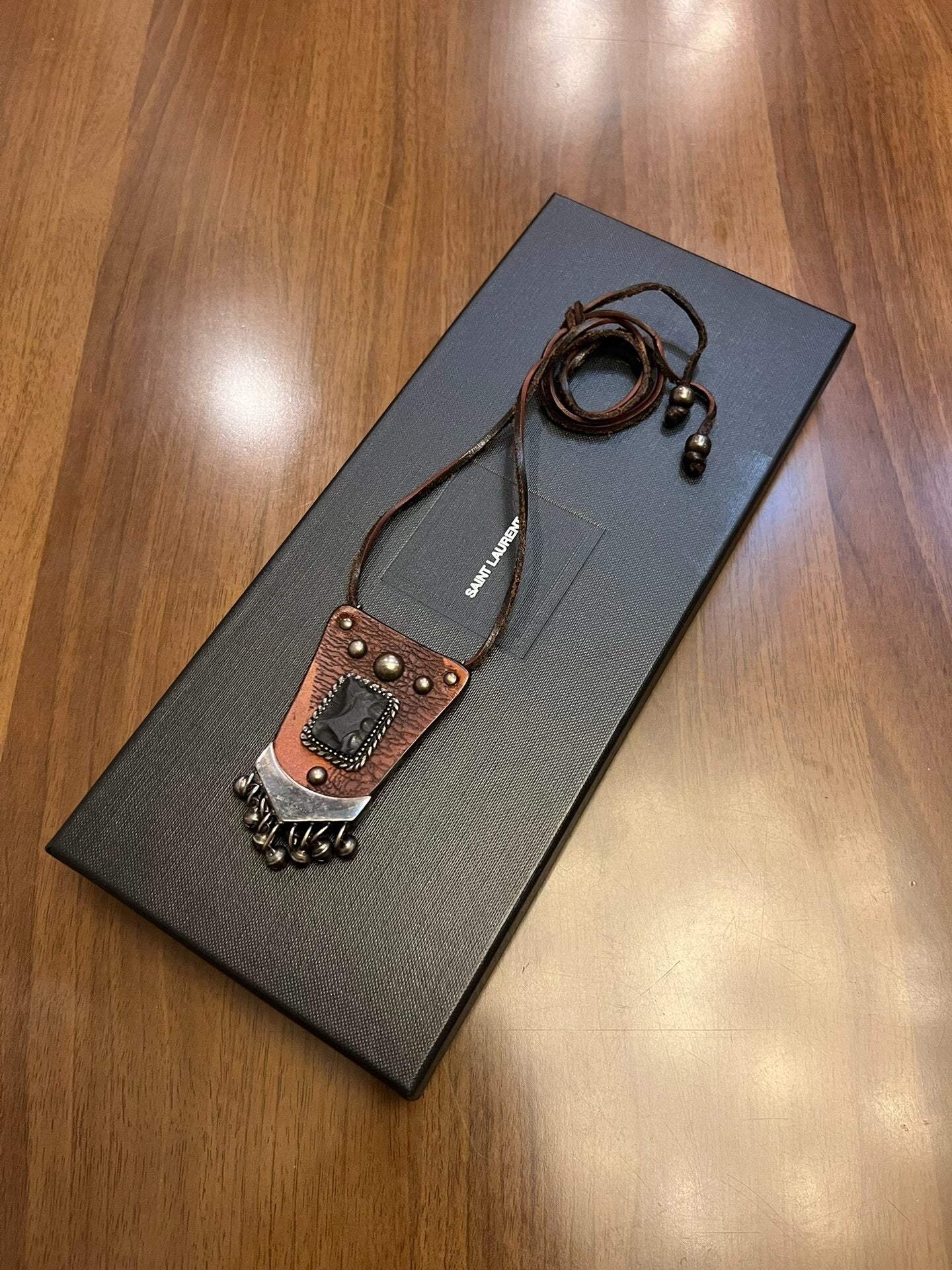 ysl bohemian style leather pendant necklace