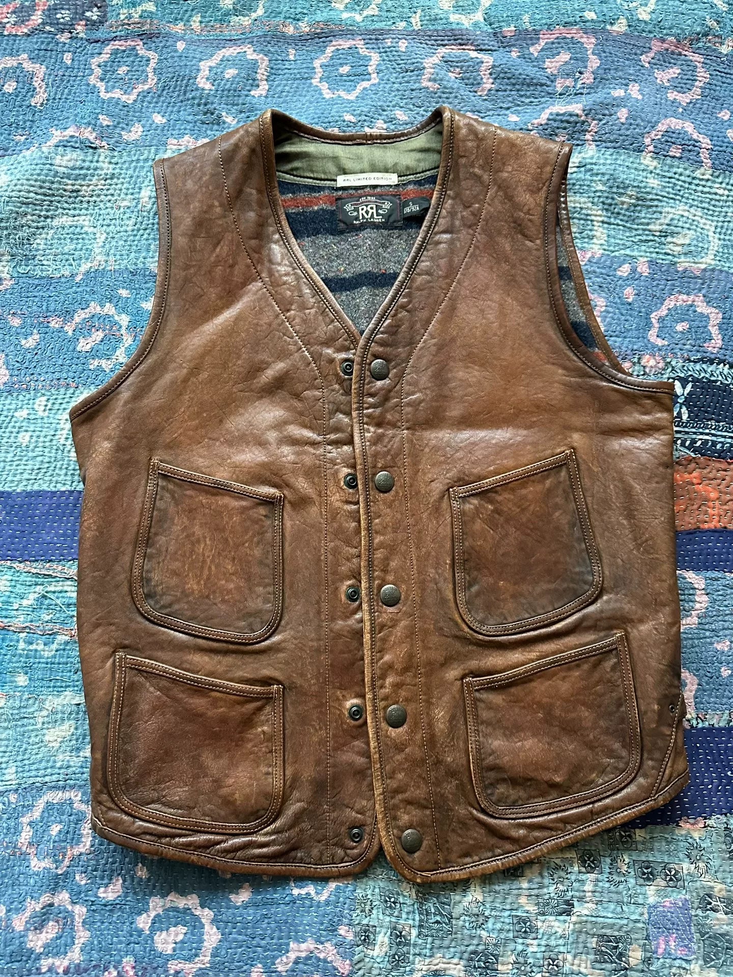 rrl limited leather vest with blanket lining