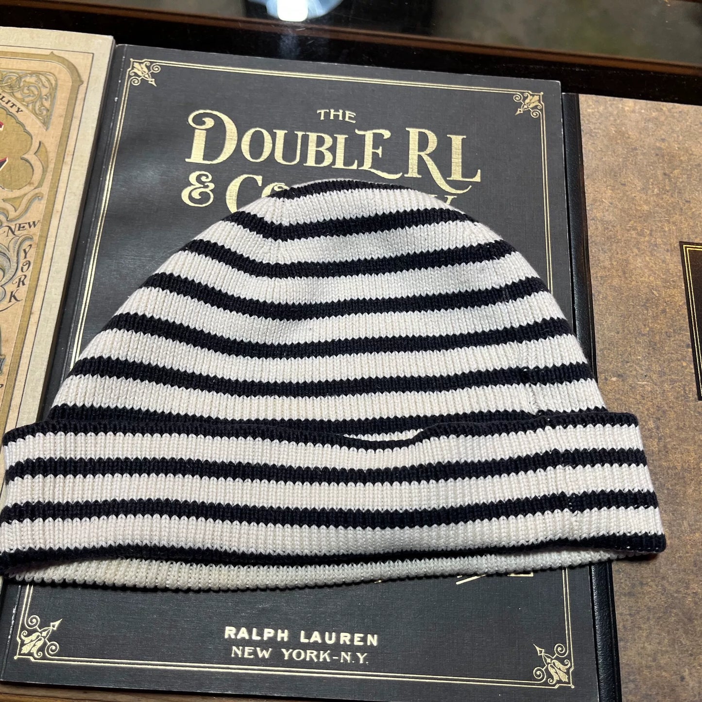 RRL Black White Striped Beanie