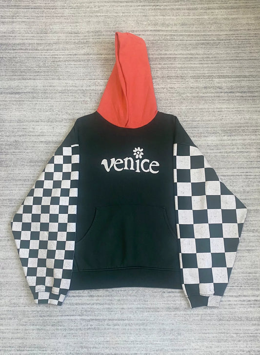 black and white checkered hoodie with red hood
