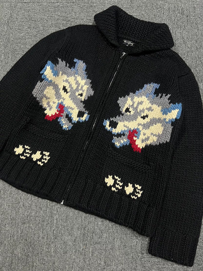 Black Wolf Pattern Knit Cardigan