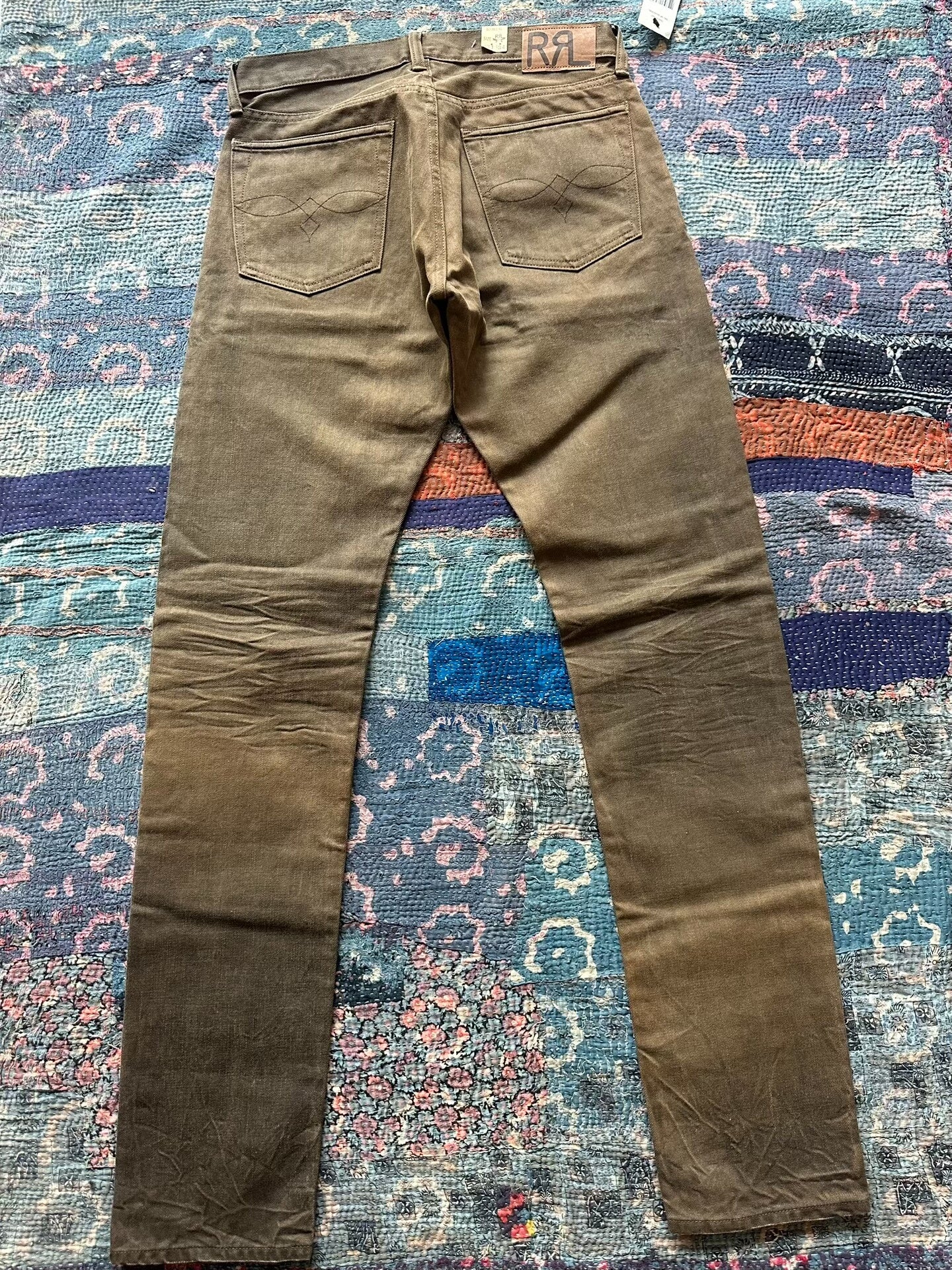 rrl mud dye bag flower denim pants