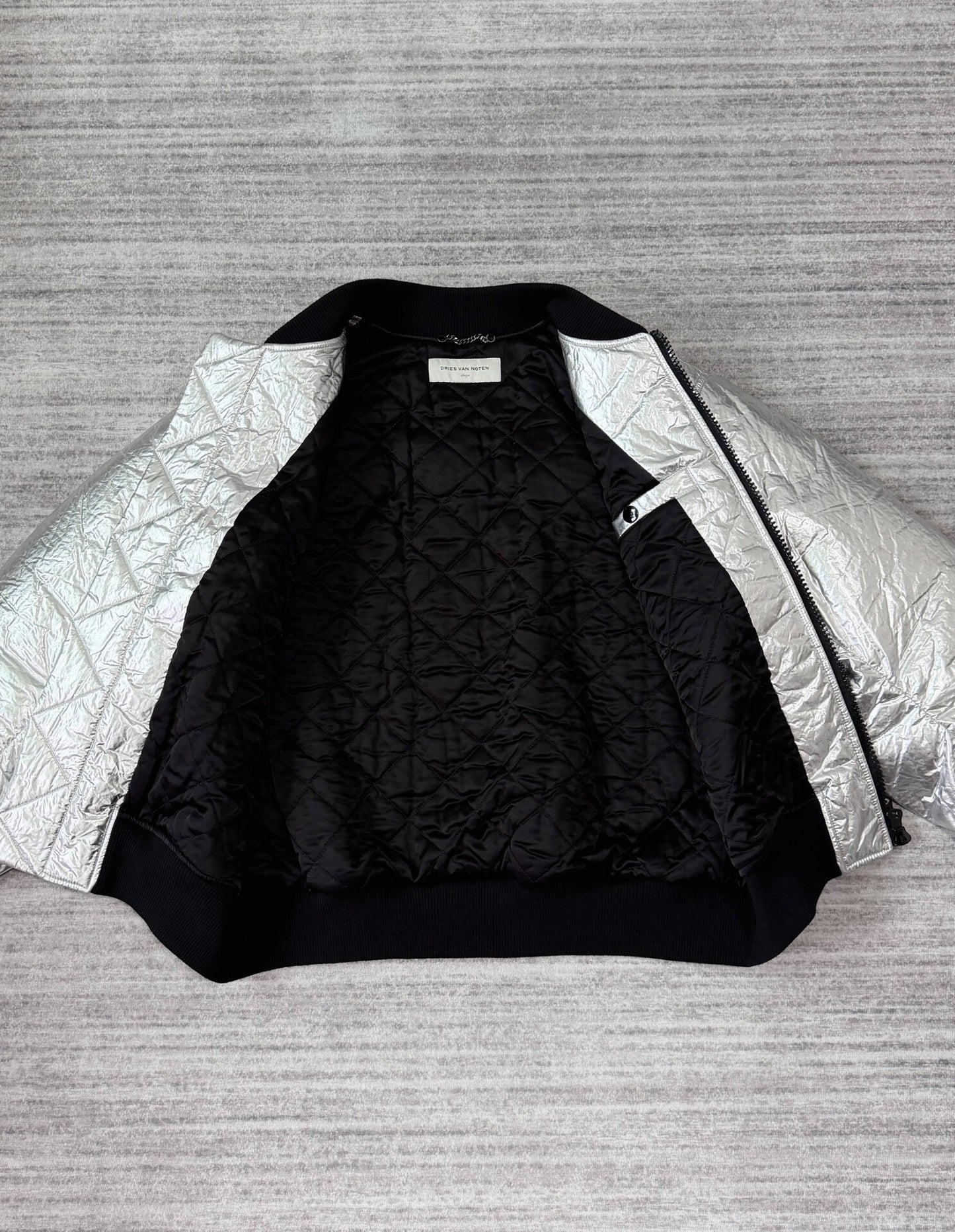 silver bomber jacket with back zipper