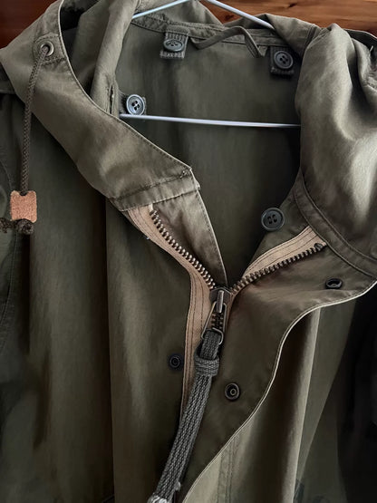 military-style hooded trench coat in olive green