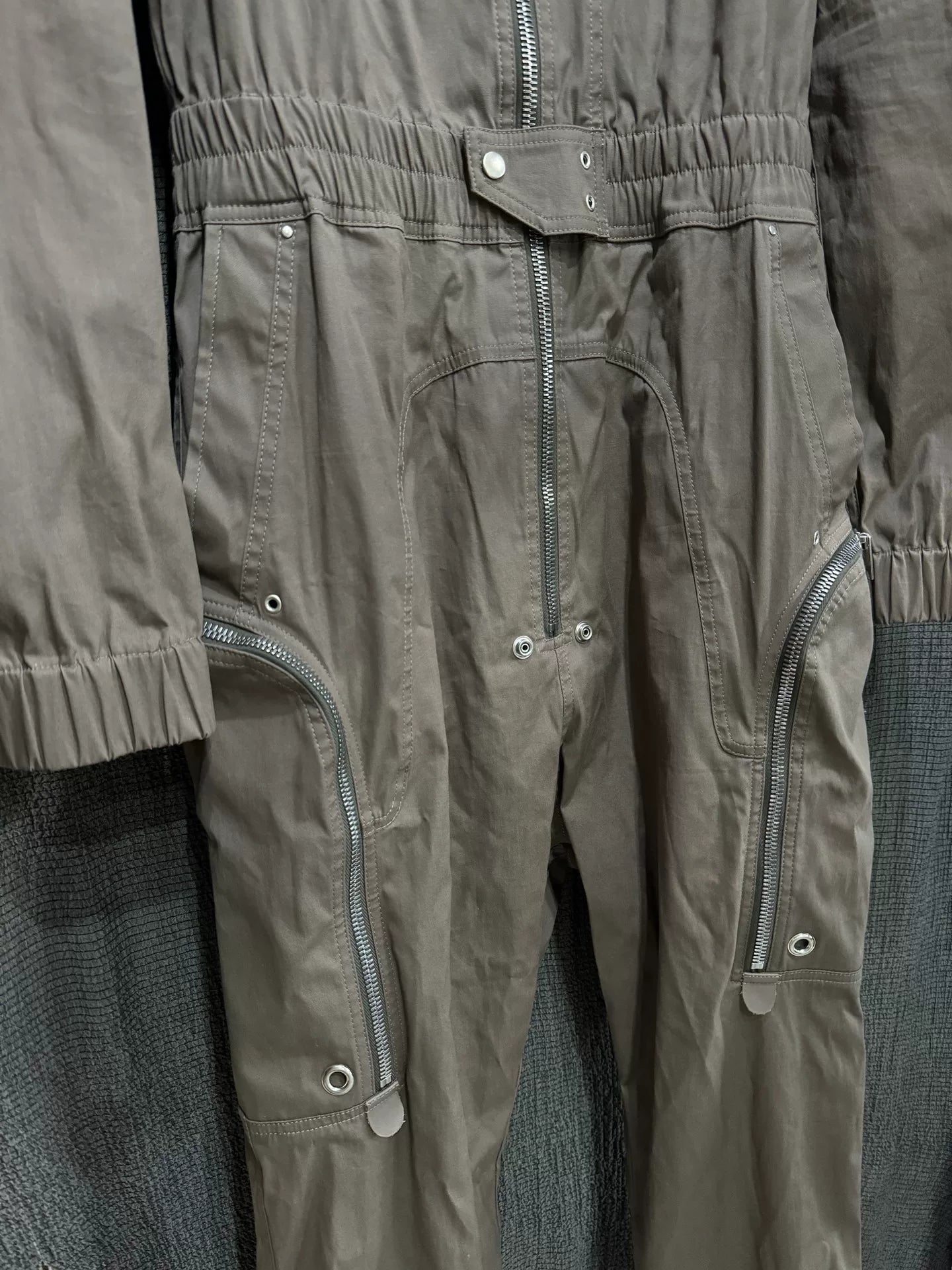 rick owens five-zip utility jumpsuit in dust