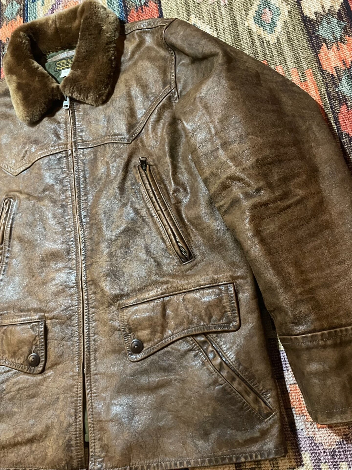 RRL Distressed Leather Jacket w/Fur Collar