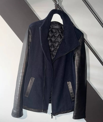 Flap Collar Leather Wool Jacket