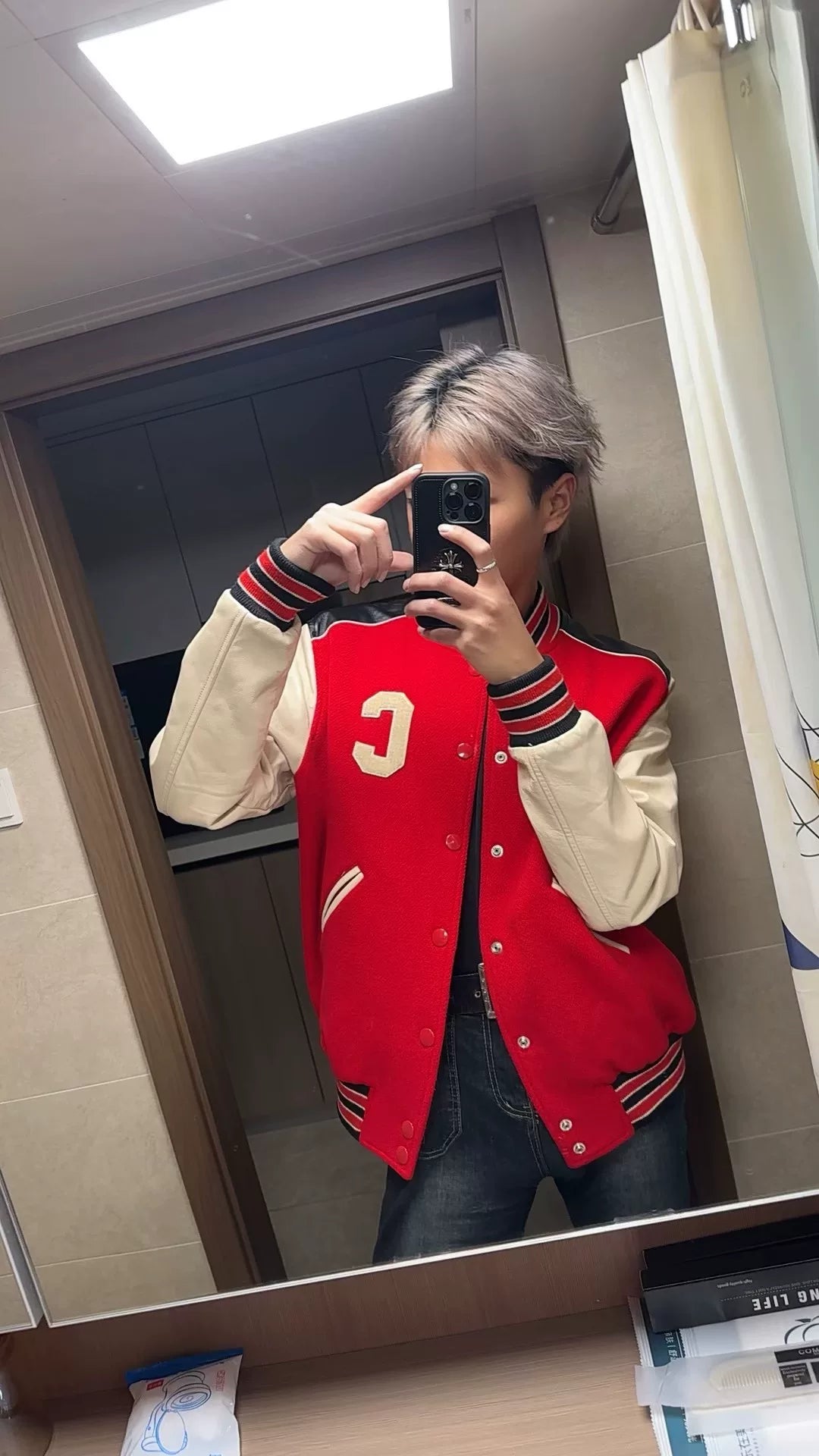 Celine Red Wool Leather Sleeve Bomber Jacket