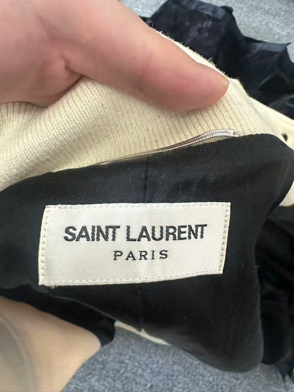 Saint Laurent White Wool Leather Sleeves Jacket