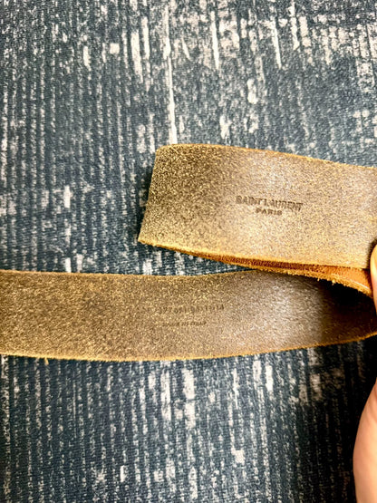 brown leather belt with gold buckle